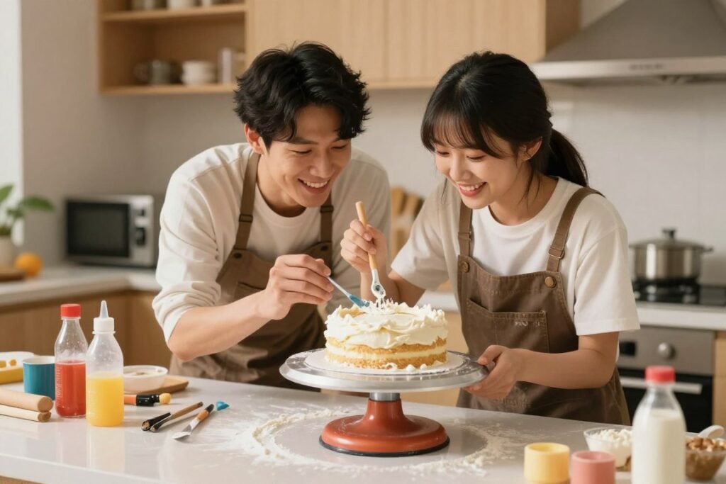 couple decorating homemade cake together in kitchen