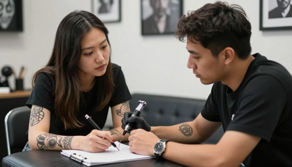 couple discussing wedding ring tattoo questions with artist