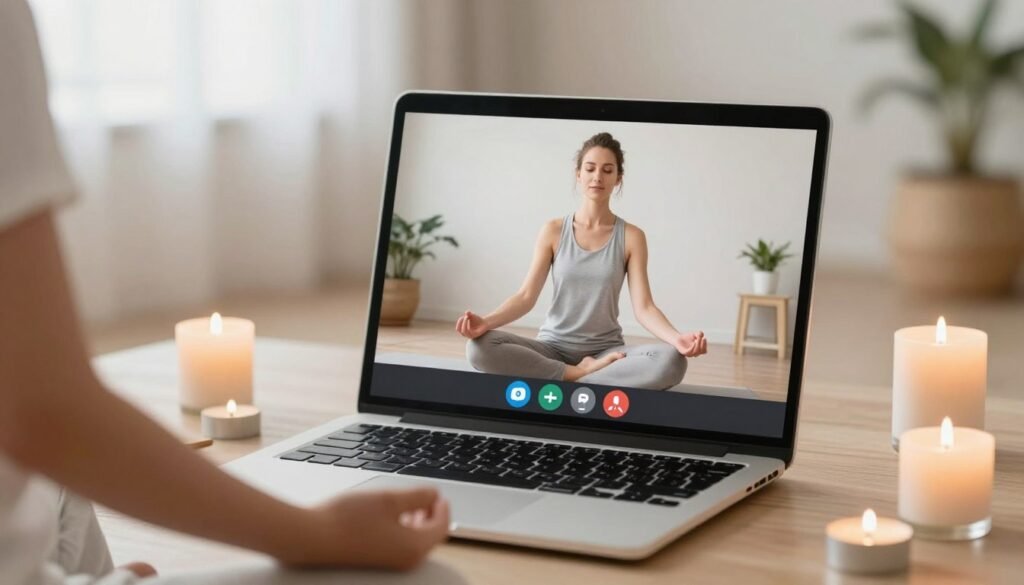 couple doing meditation together on video call