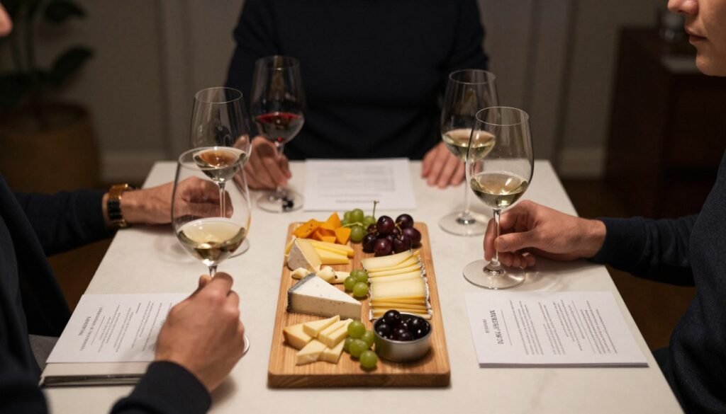 couple doing wine tasting at home with cheese board