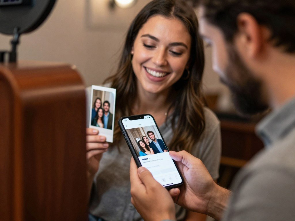 couple downloading digital photo booth pictures couple downloading digital photo booth pictures