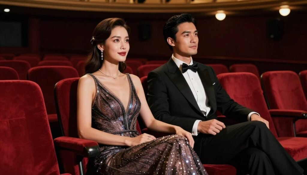 couple dressed elegantly attending theater performance for anniversary celebration