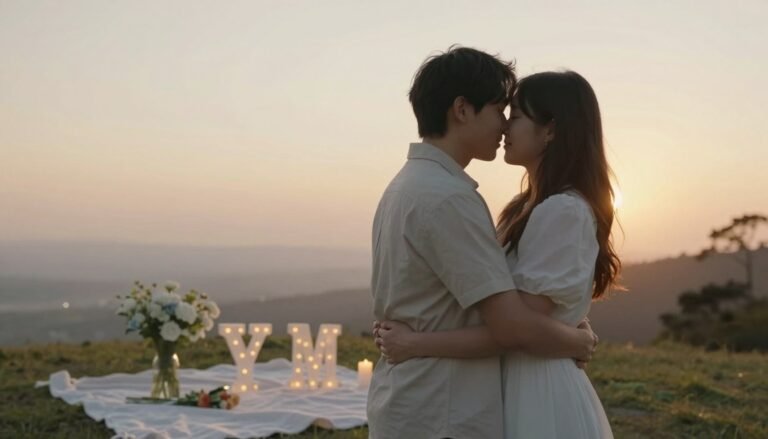 couple embracing at sunset with simple proposal setup