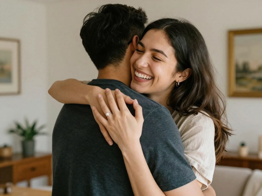 couple embracing in cozy home setting after proposal