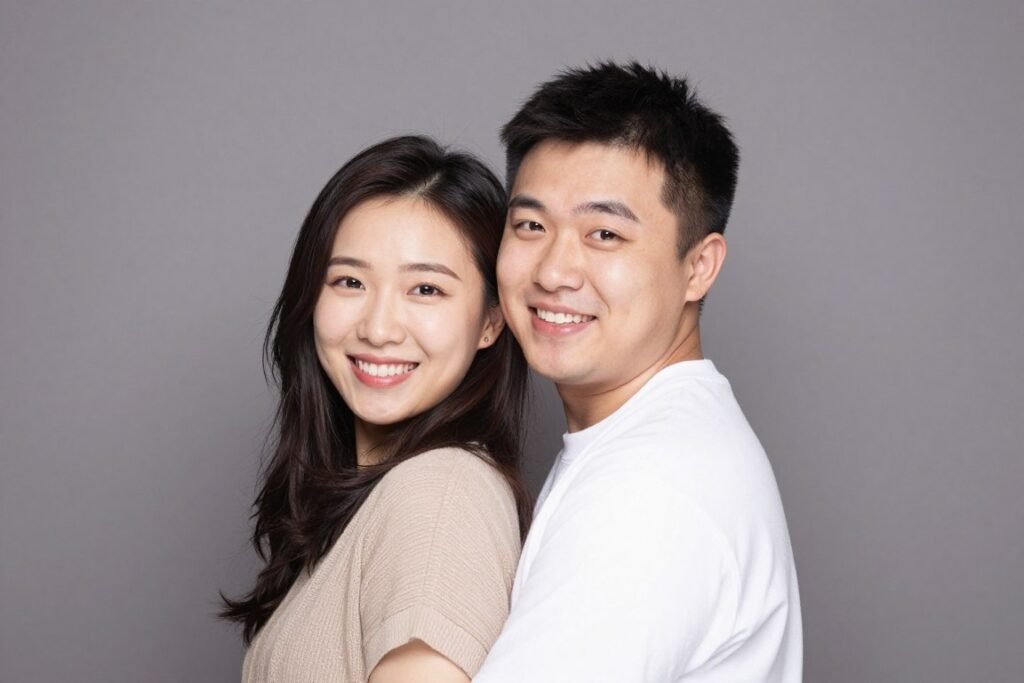 couple embracing with over shoulder glance in modern photo booth couple embracing with over shoulder glance in modern photo booth