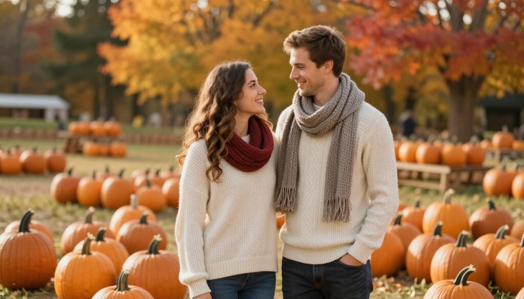 couple enjoying fall activities with pumpkins couple enjoying fall activities with pumpkins