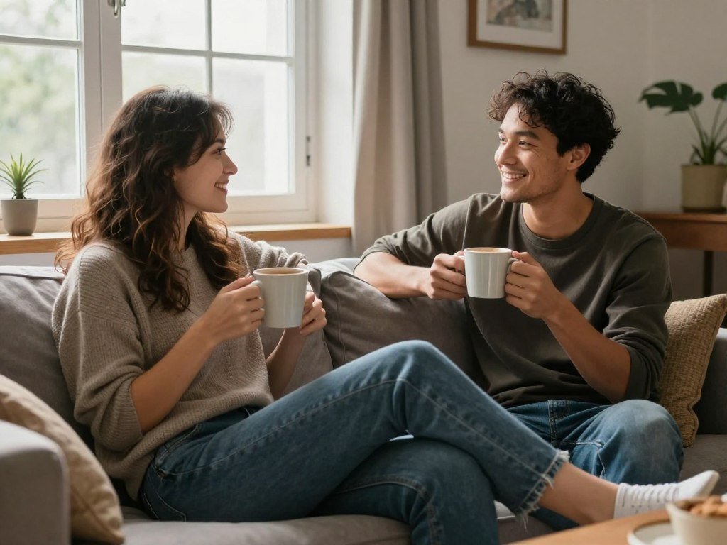 couple enjoying free activities at home with coffee