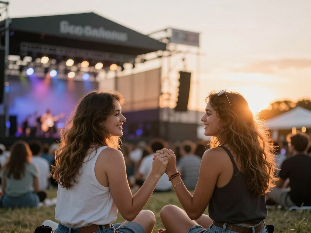 couple enjoying outdoor concert together at sunset