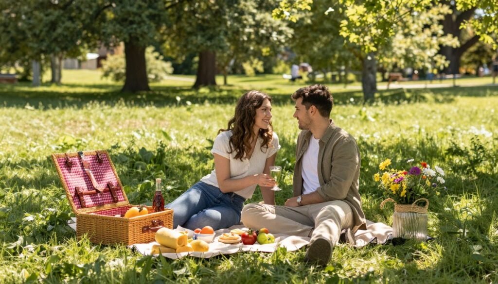 couple enjoying outdoor picnic date in nature
