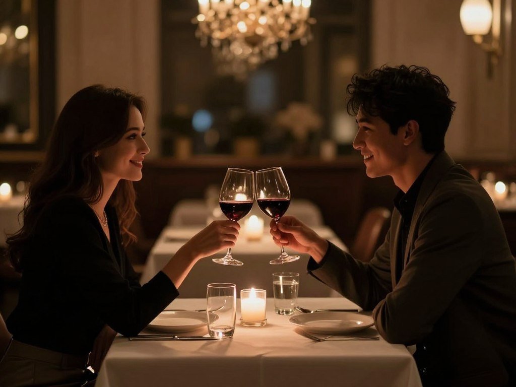 couple enjoying romantic dinner date with wine and candlelight