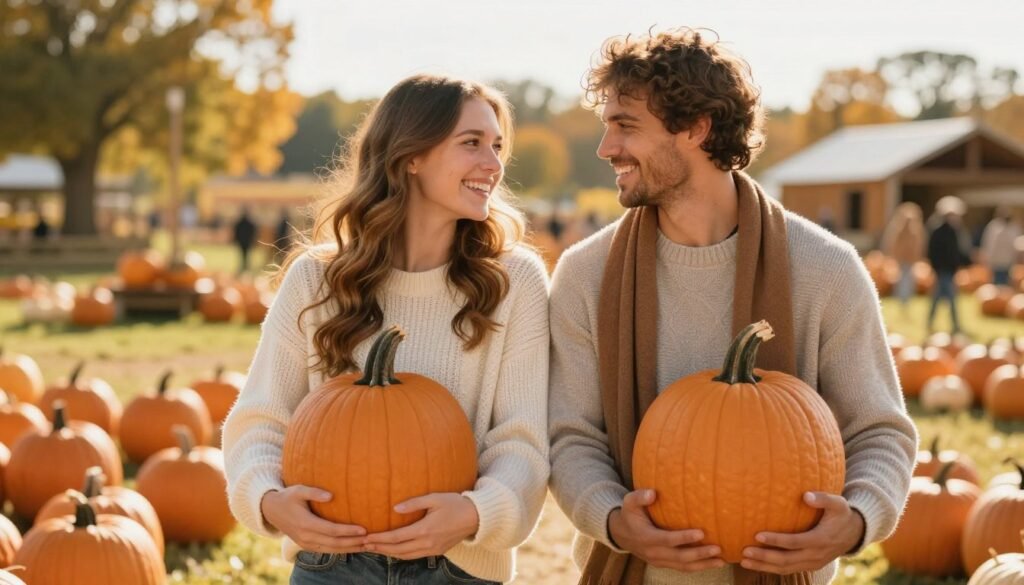 couple enjoying seasonal fall activities with pumpkins