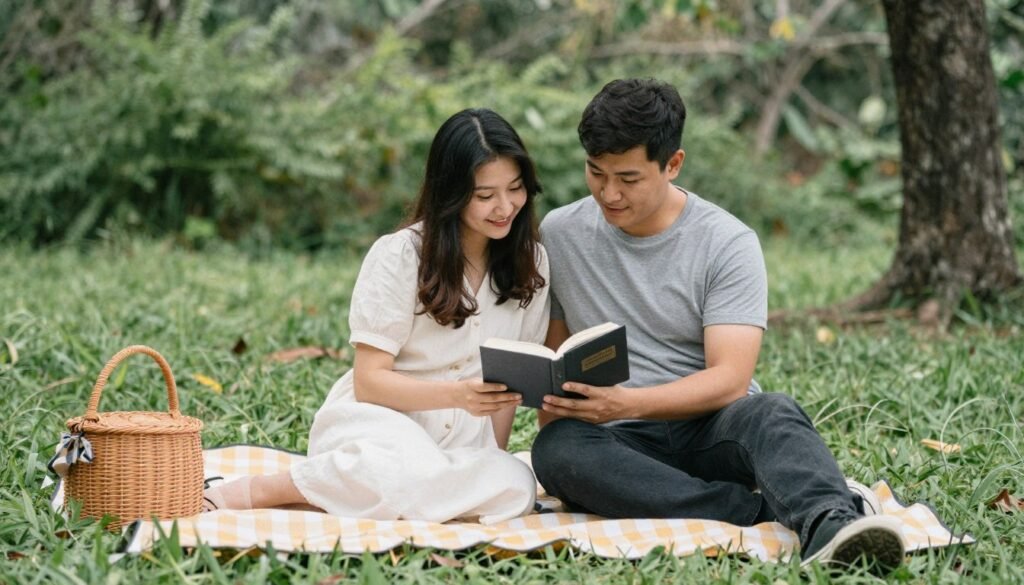 couple enjoying technology-free picnic in nature couple enjoying technology-free picnic in nature