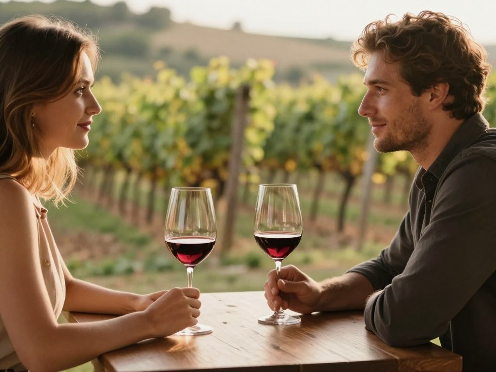 couple enjoying wine tasting at romantic vineyard for anniversary date