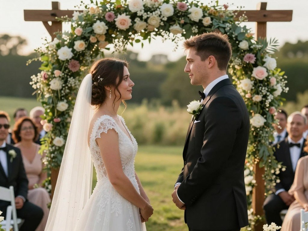 couple exchanging unique wedding vows during outdoor ceremony