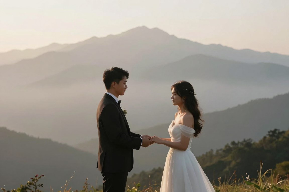 couple exchanging vows during intimate elopement photoshoot ideas ceremony in mountain landscape