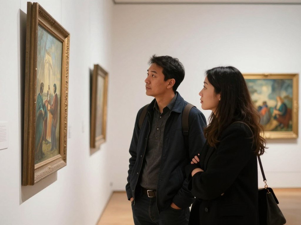 couple exploring art gallery together couple exploring art gallery together