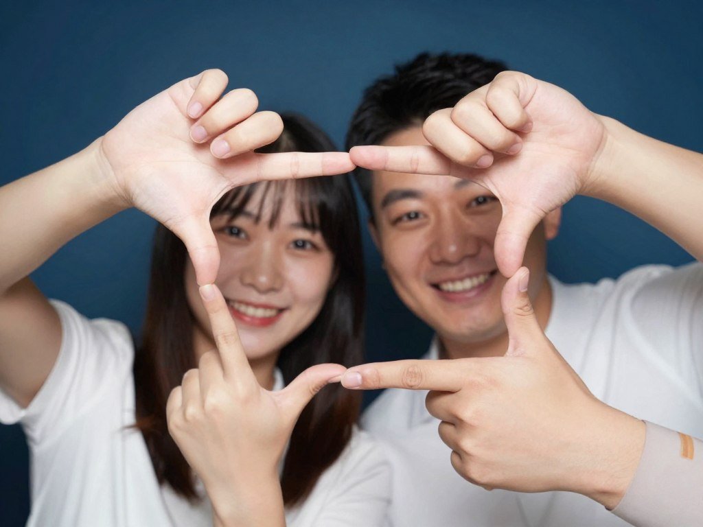 couple framing their faces with hands in creative photobooth composition