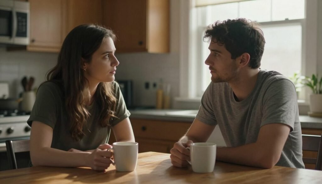 couple having deep conversation over coffee at home