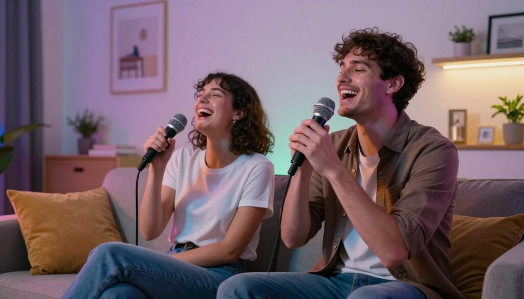 couple having karaoke night at home