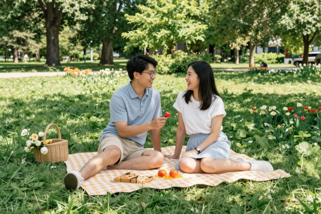 couple having picnic in park for date night ideas