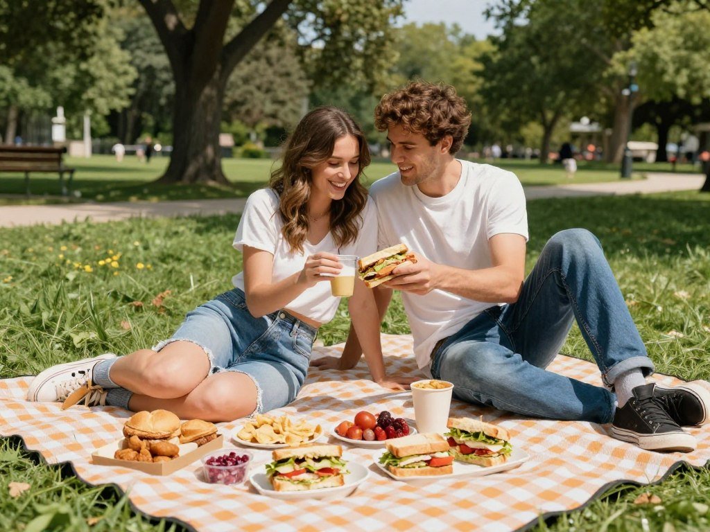 couple having picnic in park with homemade food couple having picnic in park with homemade food
