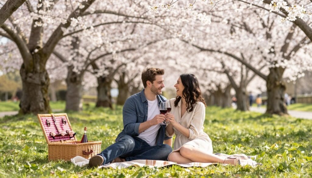 couple having romantic picnic in spring garden with cherry blossoms