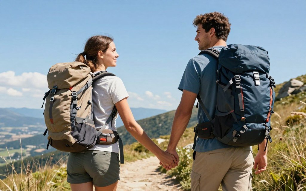 couple hiking scenic mountain trail with beautiful vista