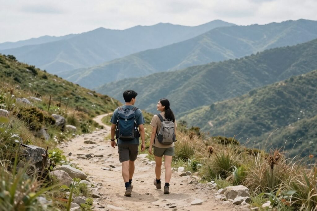 couple hiking together in mountains before proposal moment