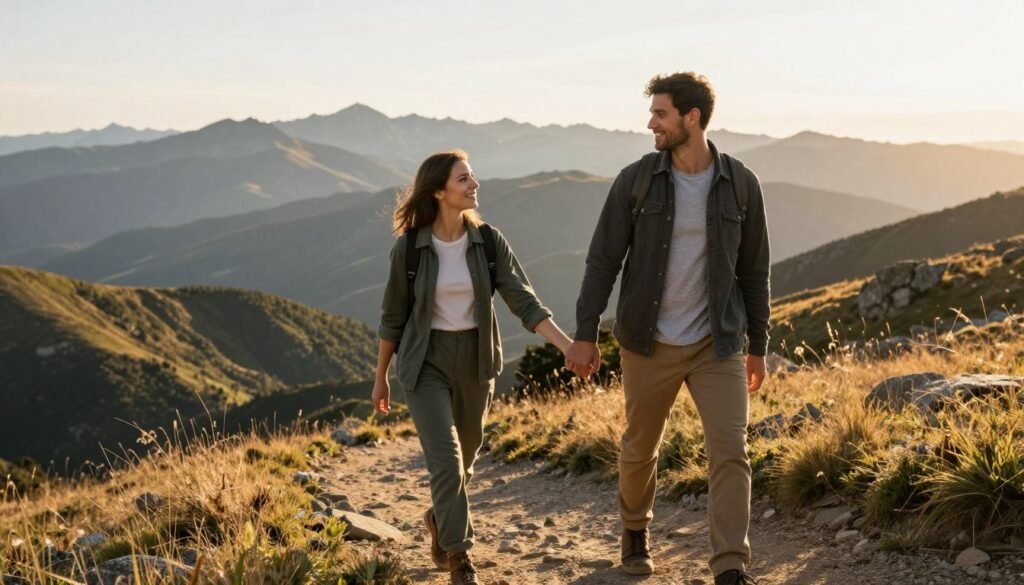 couple hiking together on scenic mountain trail couple hiking together on scenic mountain trail