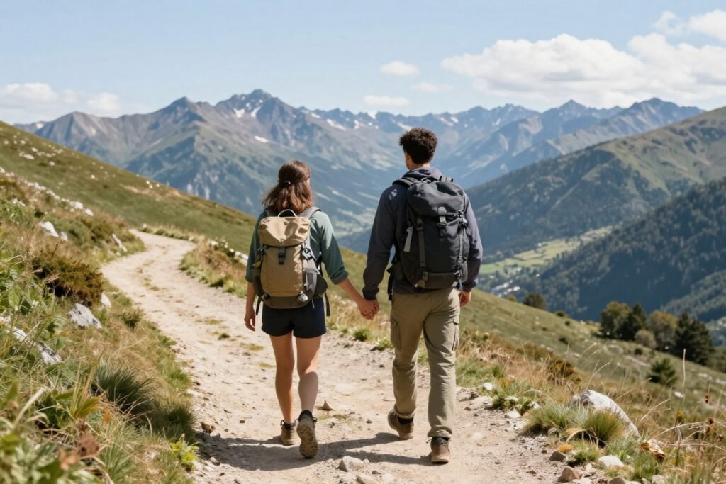 couple hiking together on scenic mountain trail