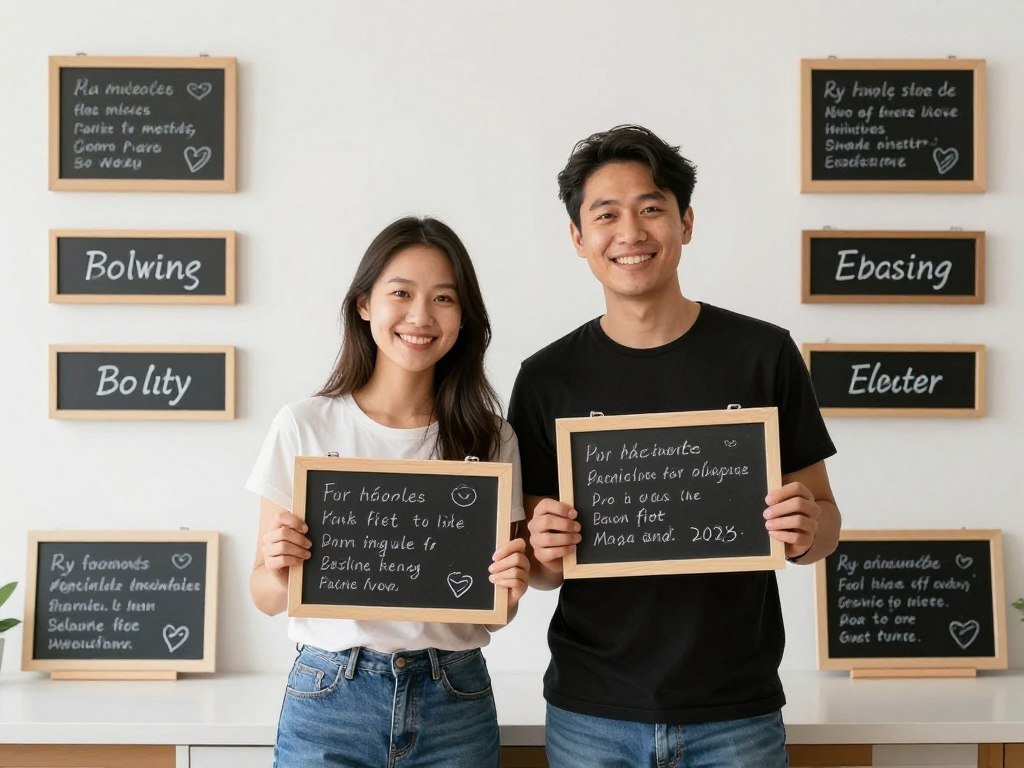 couple holding chalkboard signs with relationship milestones in photobooth