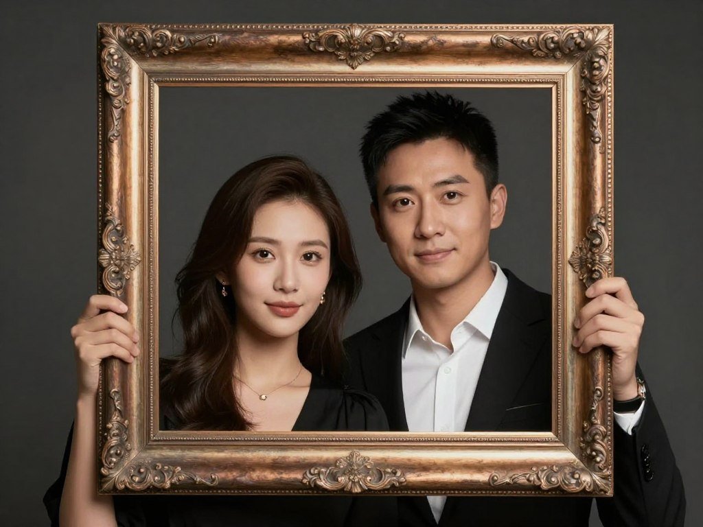 couple holding empty picture frame as creative prop couple holding empty picture frame as creative prop