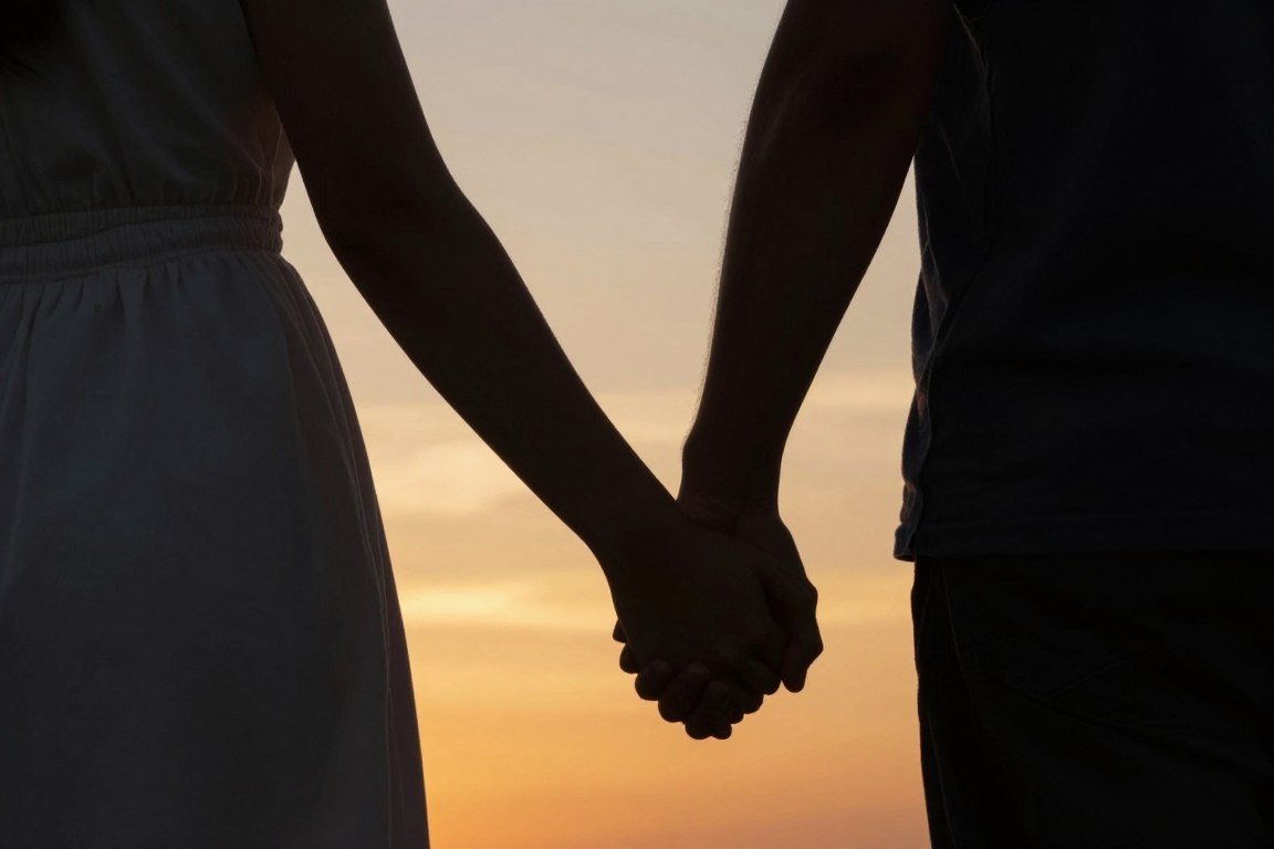 couple holding hands during private engagement proposal at sunset