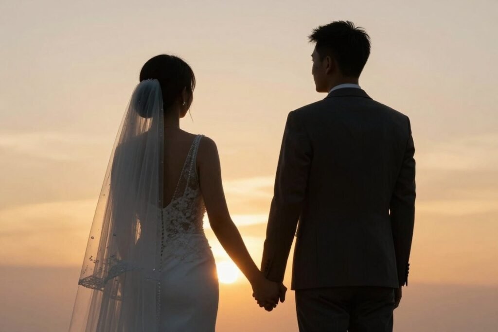 couple holding hands looking at sunset reflecting on memories