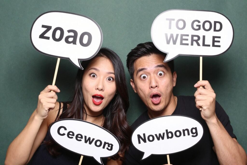 couple holding speech bubble signs with messages in photobooth