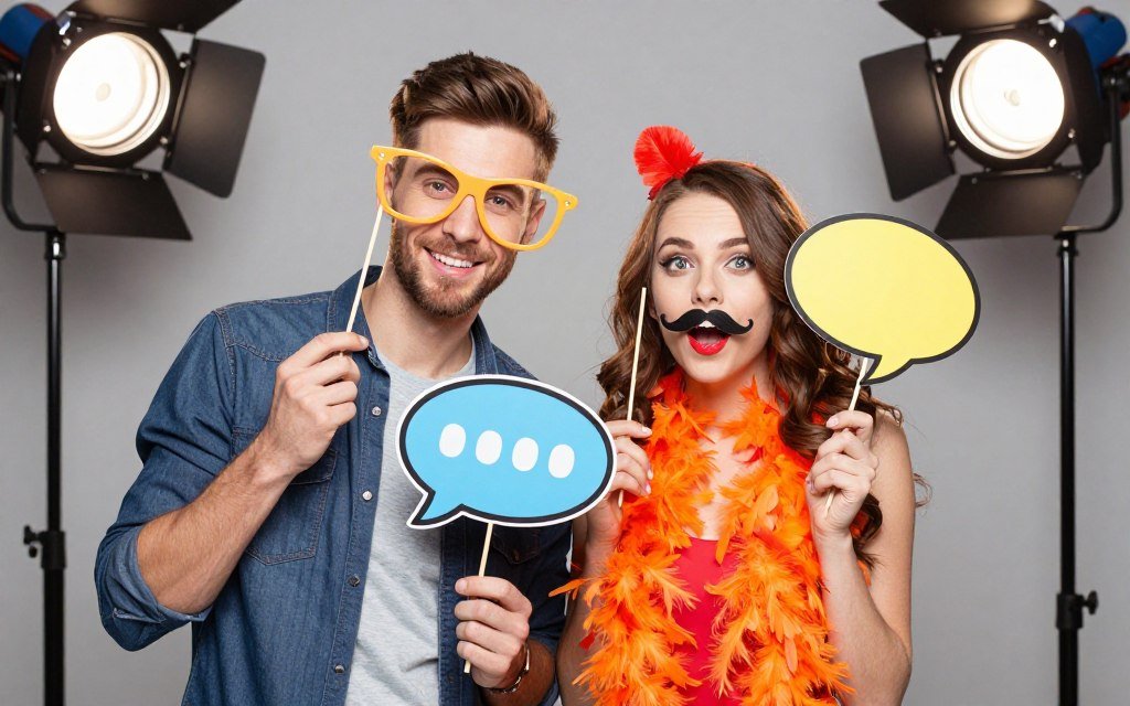 couple holding various fun photo booth props and signs couple holding various fun photo booth props and signs