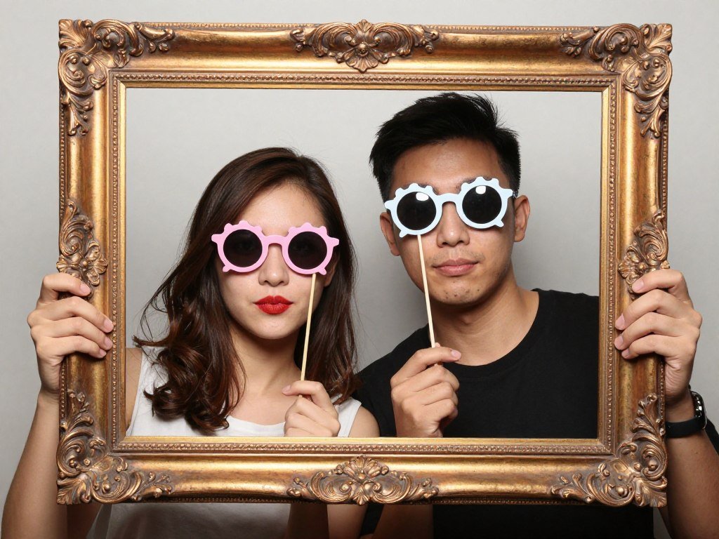 couple holding vintage photo frames around faces in creative photobooth pose