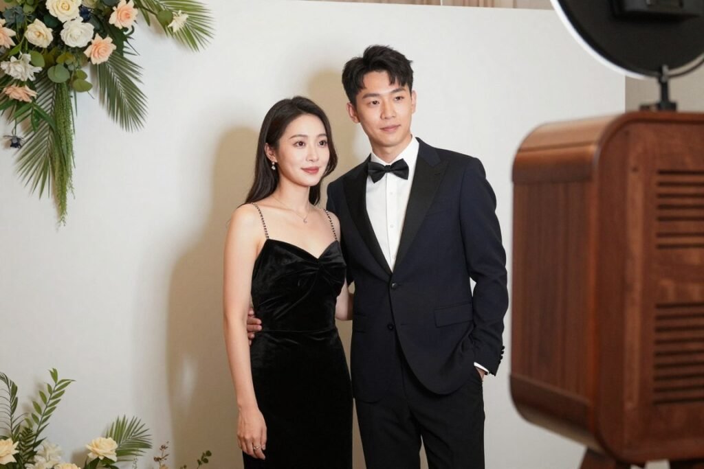 couple in appropriate formal attire for wedding photobooth