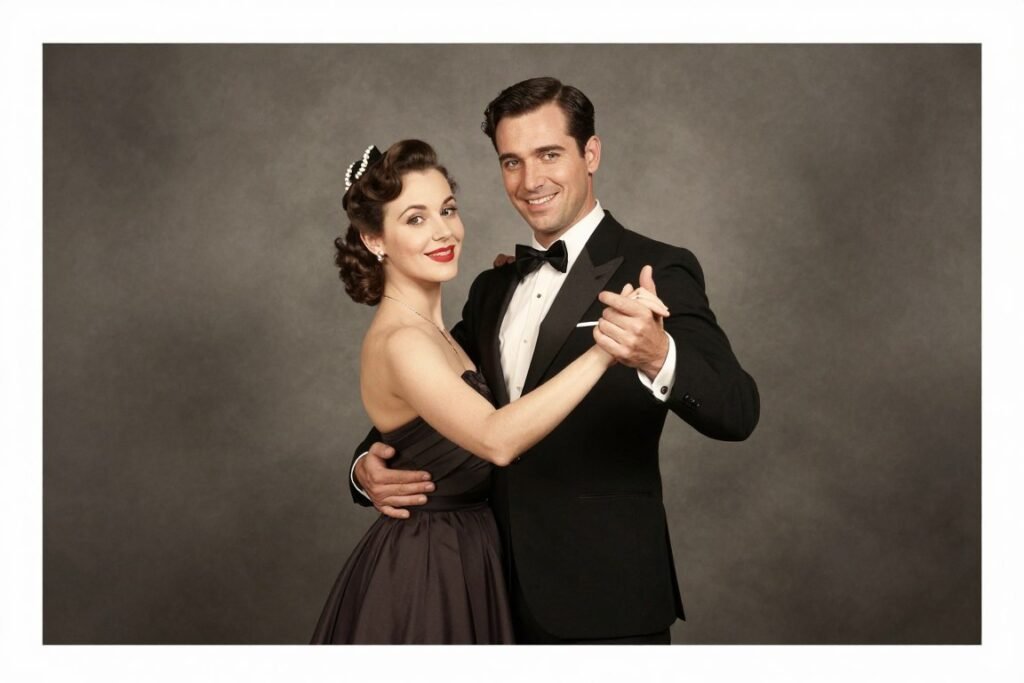 couple in dancing position facing camera in classic photobooth portrait