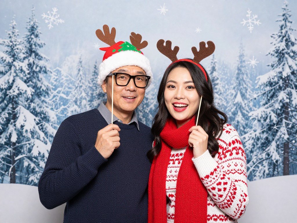 couple in festive holiday poses with seasonal props in photobooth