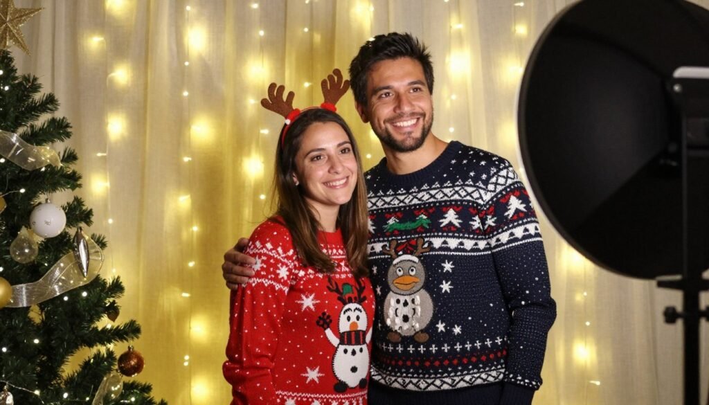 couple in festive holiday themed photo booth couple in festive holiday themed photo booth