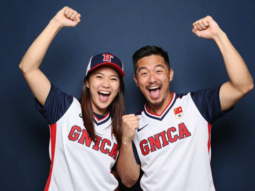 couple in matching sports jerseys showing team spirit in photobooth