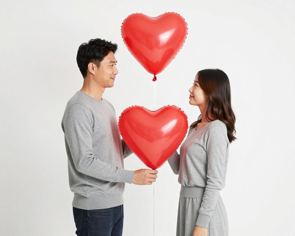 couple in neutral clothes with bright colorful prop in photo booth couple in neutral clothes with bright colorful prop in photo booth