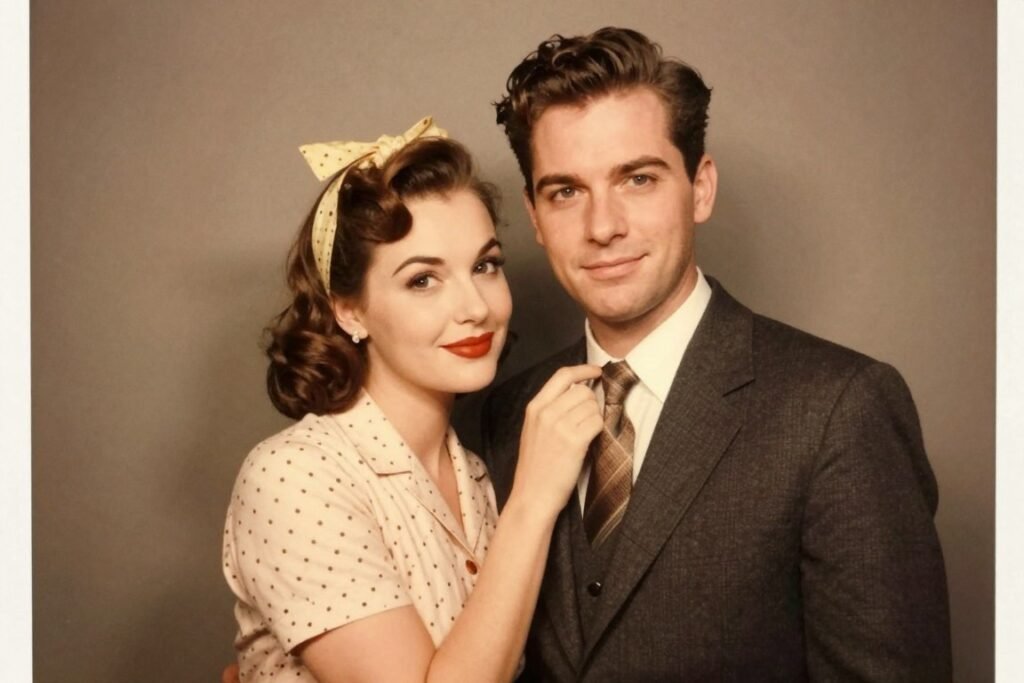 couple in retro 1950s style photobooth pose with vintage aesthetic