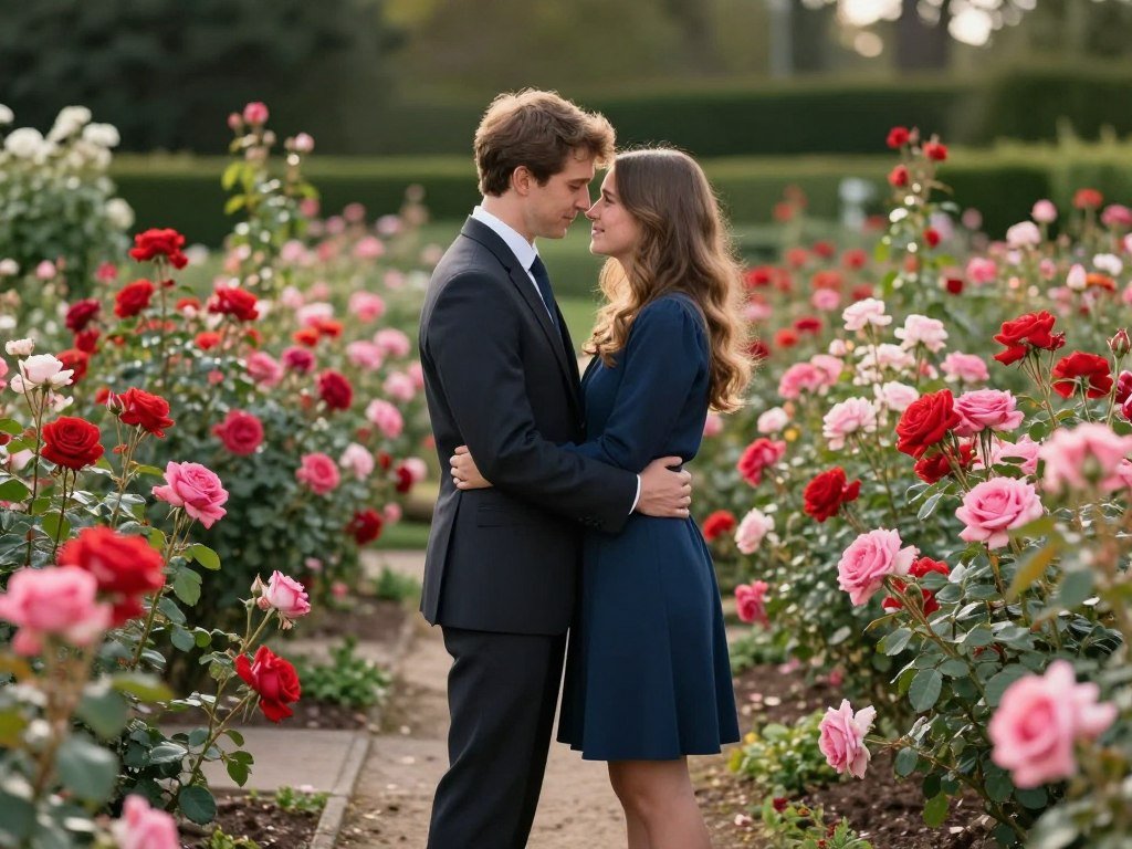 couple in rose garden anniversary photos