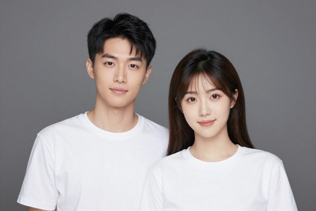 couple in solid color clothing that photographs well in photobooth