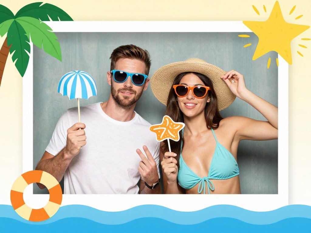 couple in summer beach themed photo booth with props couple in summer beach themed photo booth with props