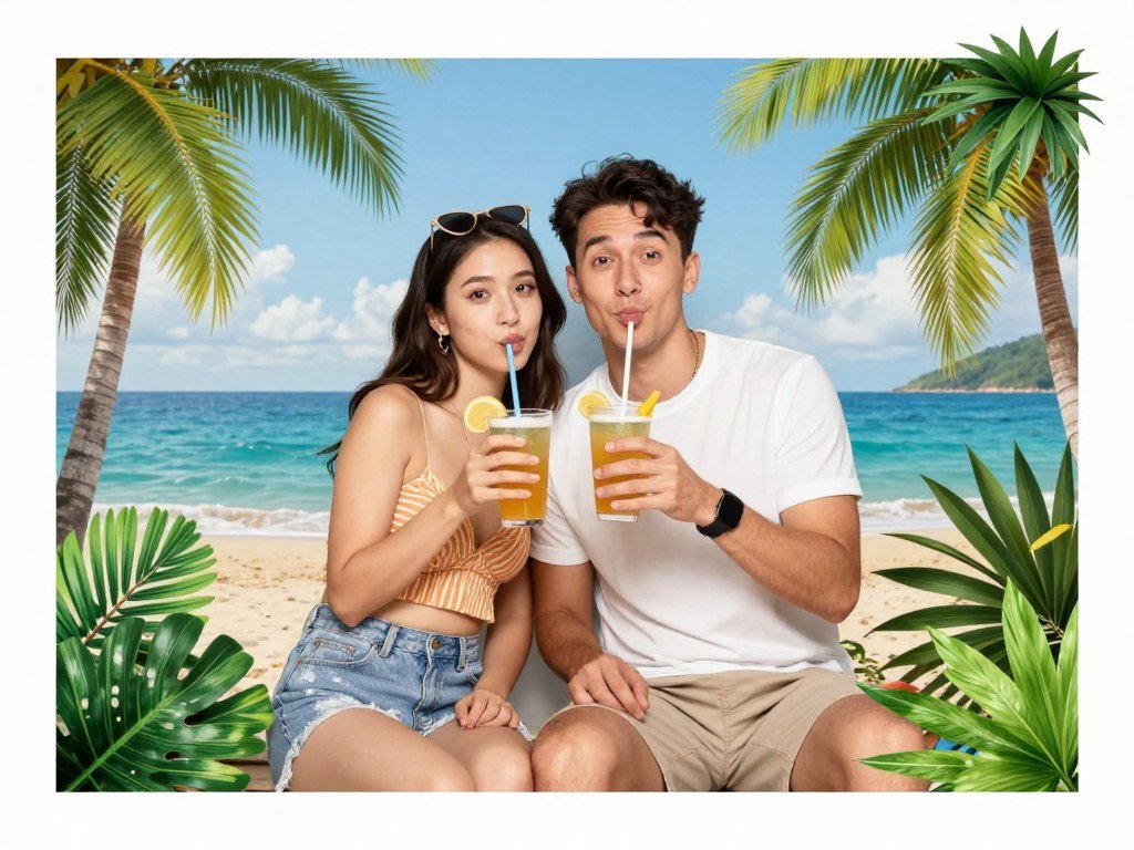 couple in tropical beach themed photobooth pose with vacation vibes