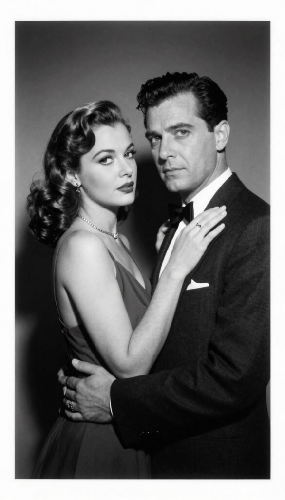 couple in vintage noir style photobooth pose with dramatic lighting