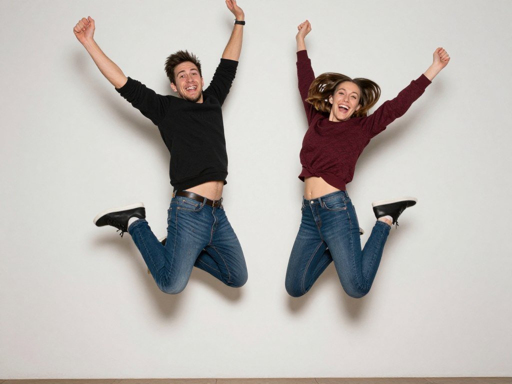couple jumping in air simultaneously in exciting photobooth action shot
